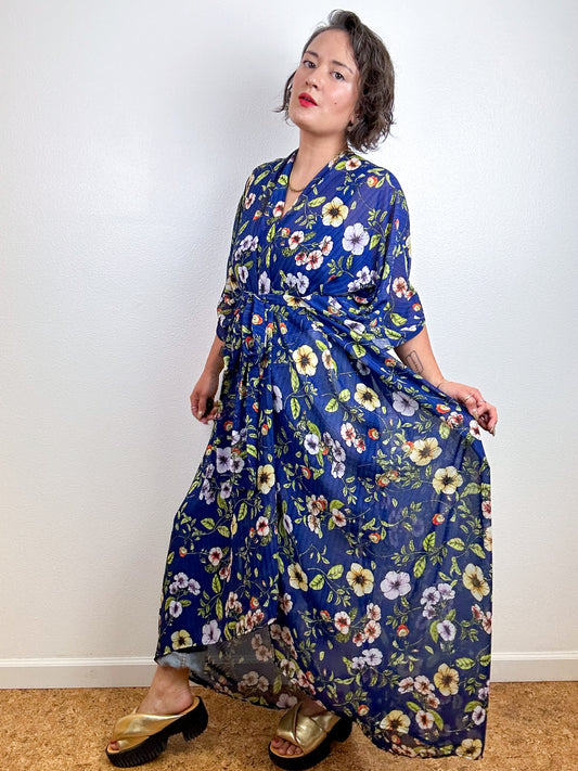Print High Low Kimono Navy Wildflower Floral Chiffon