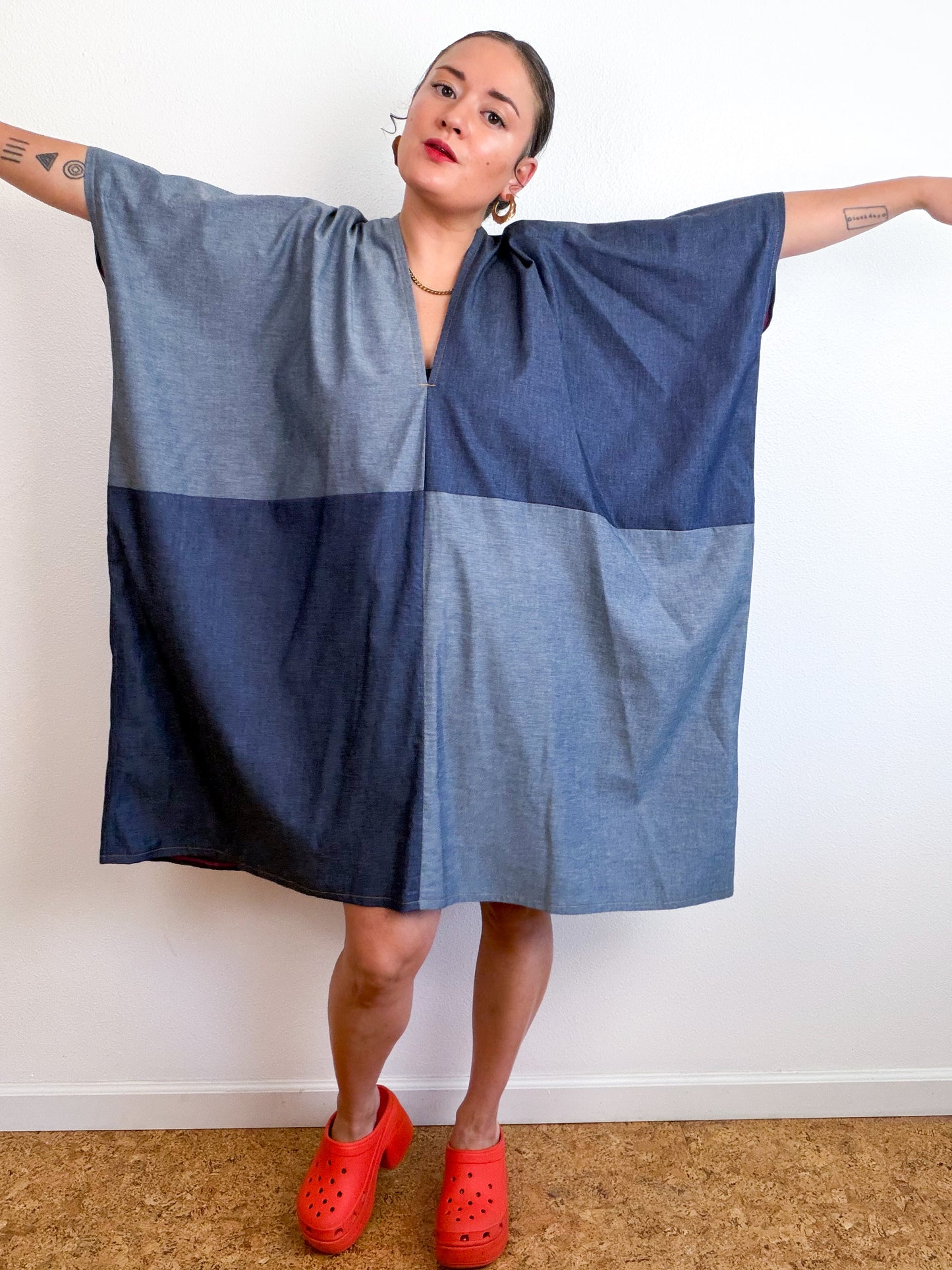 Cotton Chambray Caftan Dress Dark Denim Color Block