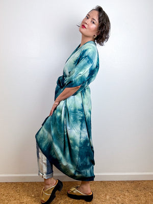 Hand-Dyed High Low Kimono Soft Teal Lines