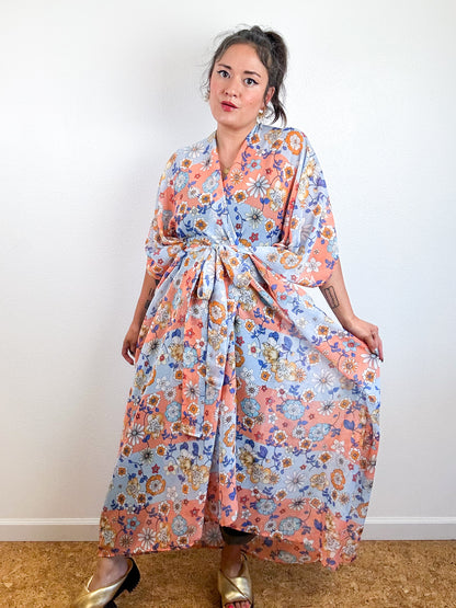 Print High Low Kimono Peach Blue Floral Stripe Crinkle Chiffon
