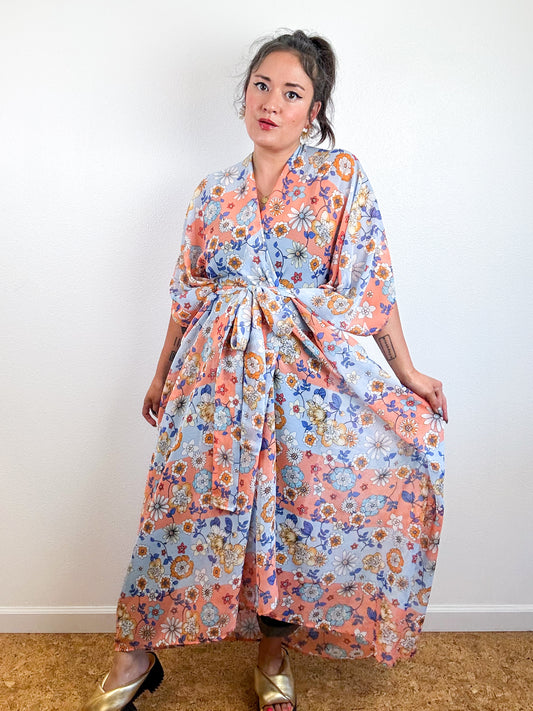 Print High Low Kimono Peach Blue Floral Stripe Crinkle Chiffon