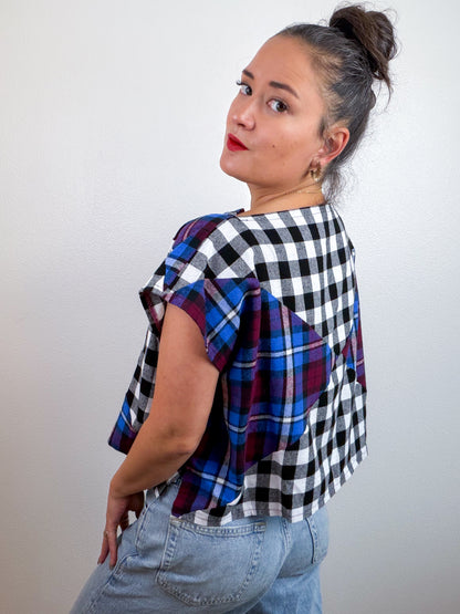 Plaid Flannel Flip Crop Black White Jewel