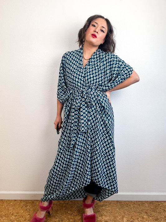 Print High Low Kimono Teal Faux Shibori Georgette