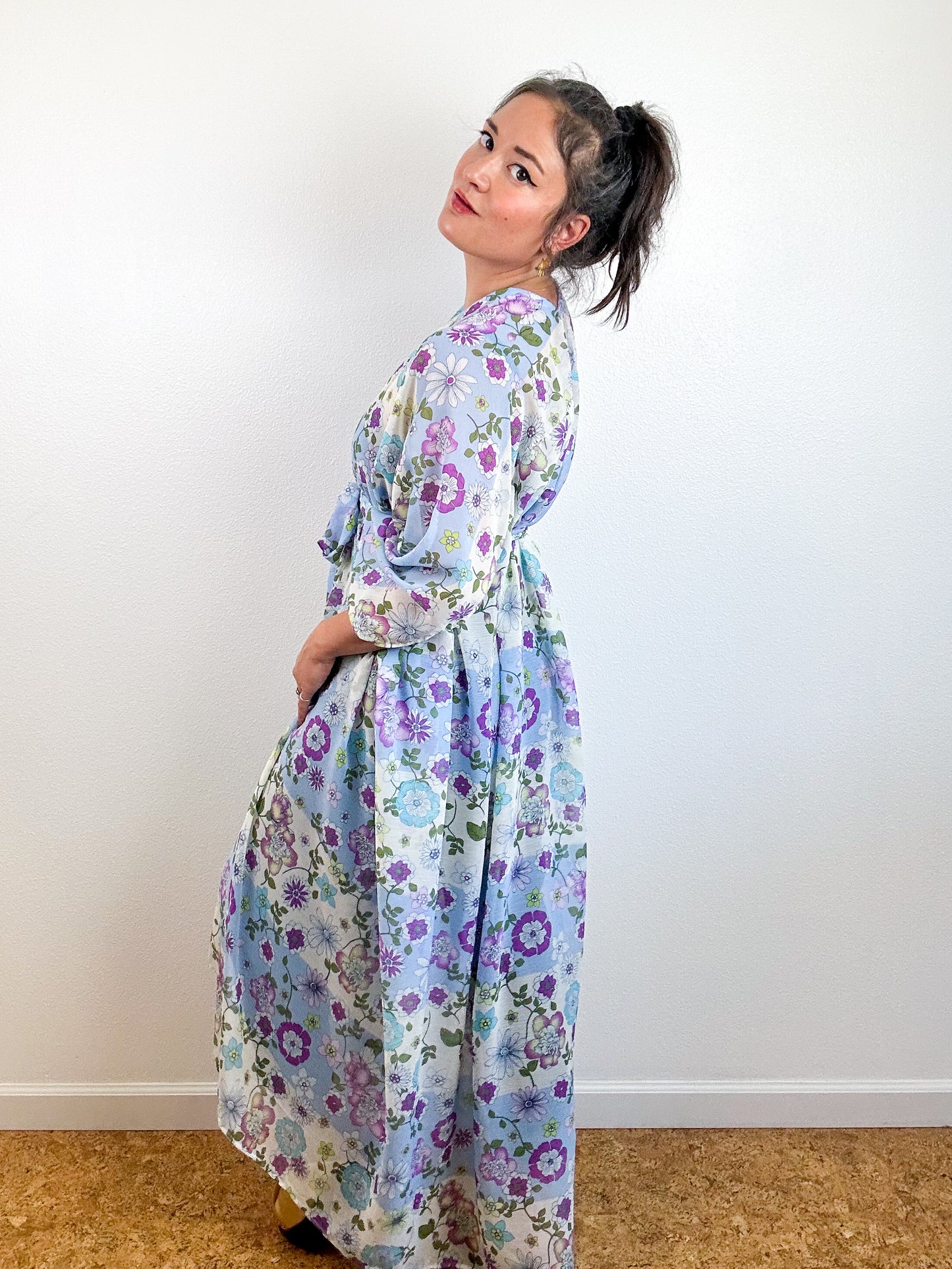 Print High Low Kimono Lavender Blue Floral Stripe Crinkle Chiffon