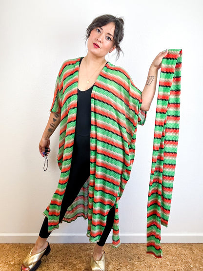 Print Duster Kimono Green Orange Stripe Crochet Knit