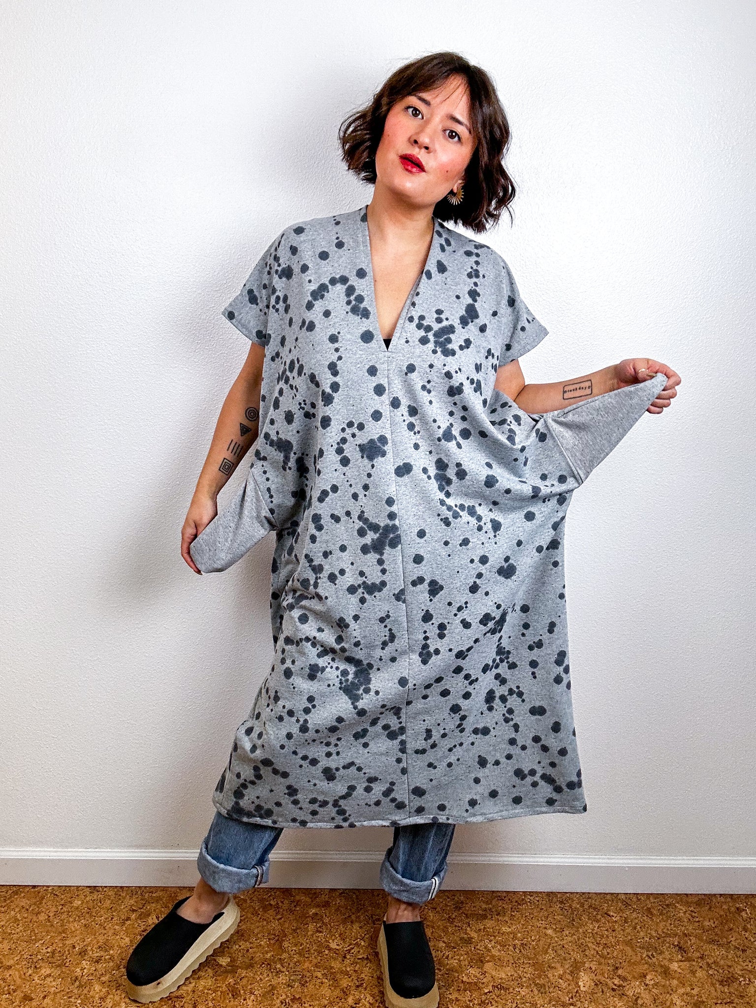 Hand-Dyed Midi Sweatshirt Smock Dress Grey Speckle