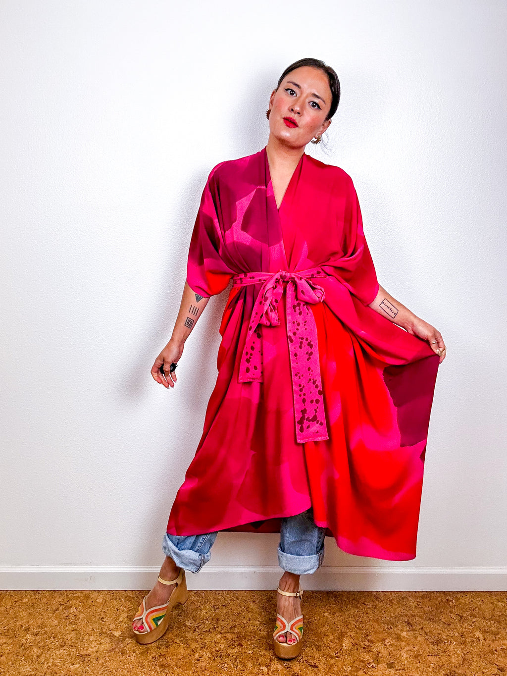 Hand-Dyed High Low Kimono OOAK Fuchsia 1