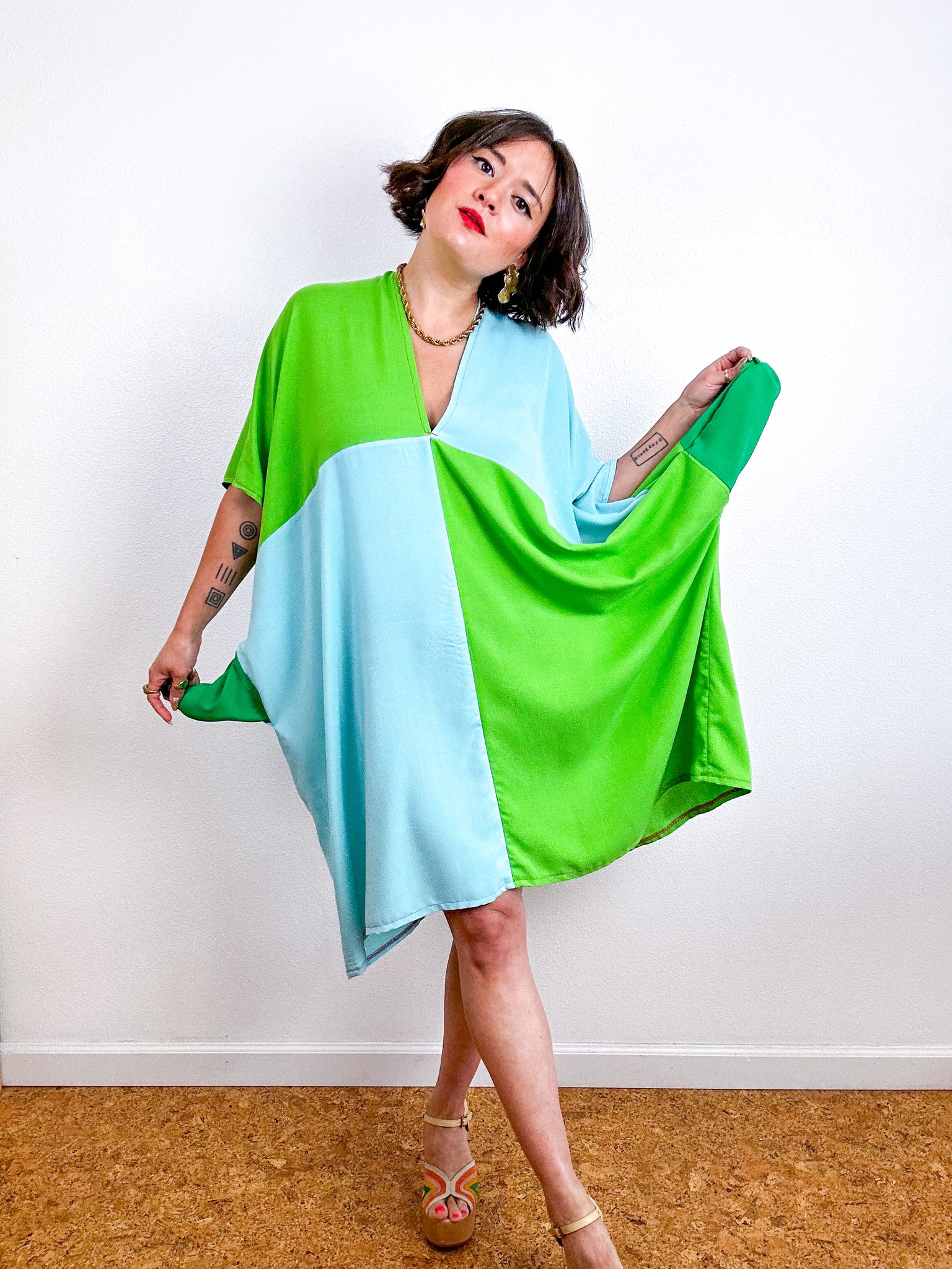 Color Block Mini Caftan Dress Lime Aqua