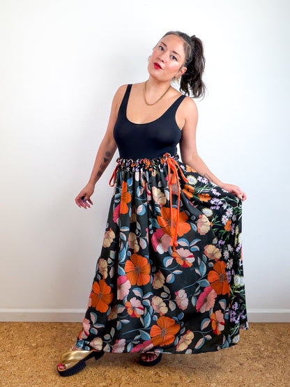 THE SKIRT Black Orange Floral Mix Reversible Georgette