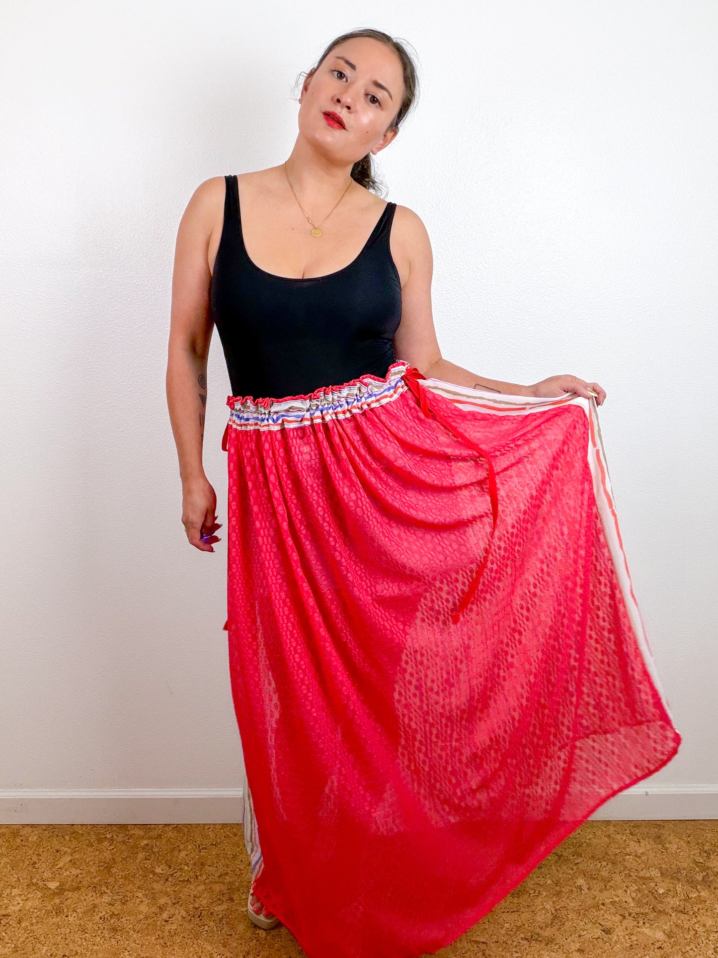 THE SKIRT Scarlet Dots Multi Stripes Reversible Chiffon