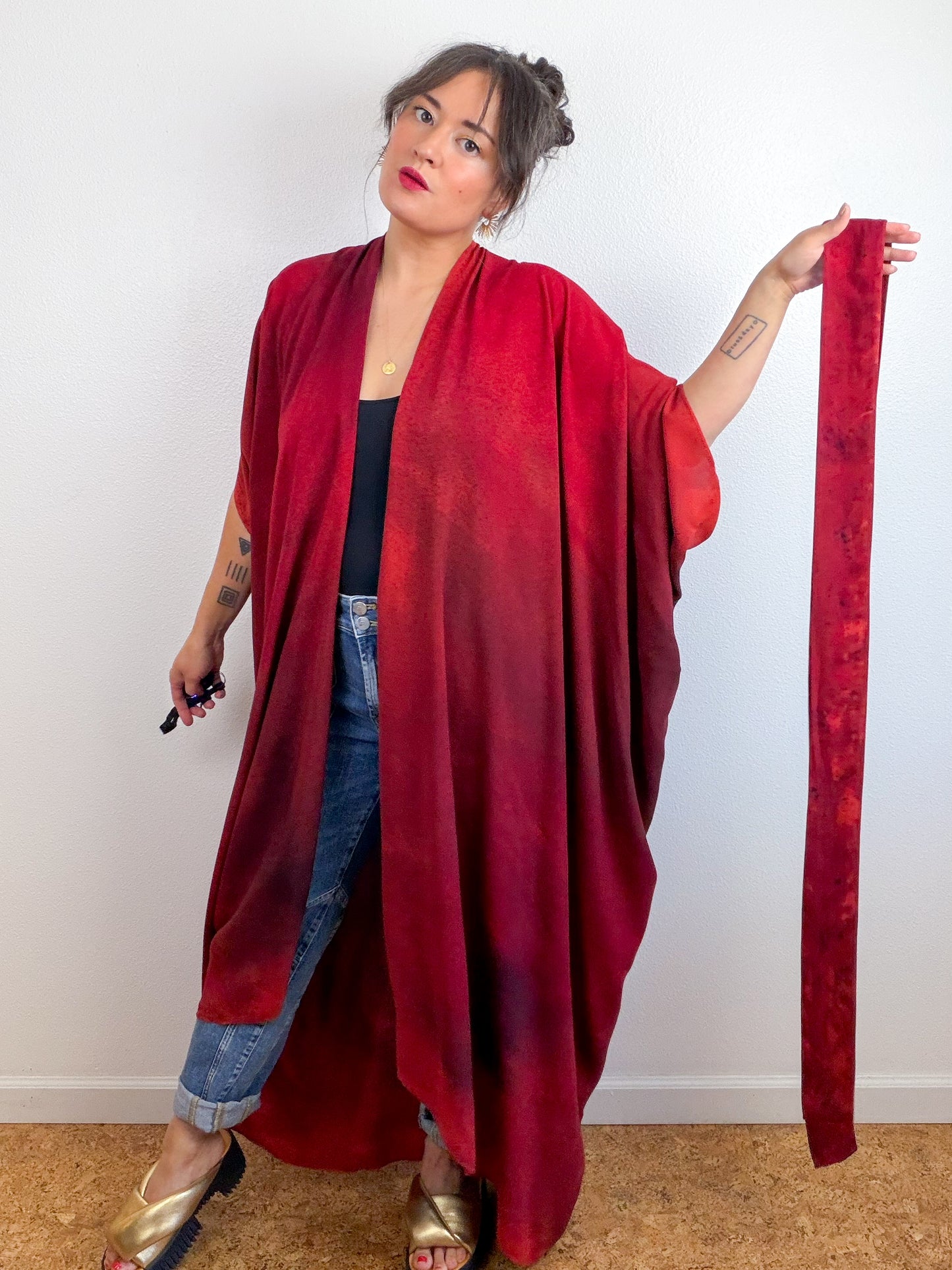 Hand-Dyed High Low Kimono Crimson Fuchsia Maroon Gradient