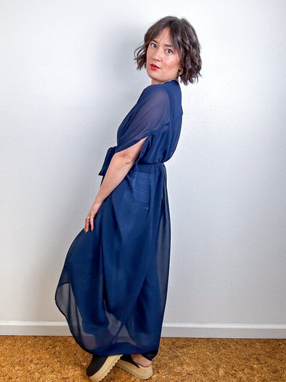 Solid High Low Kimono Navy Chiffon