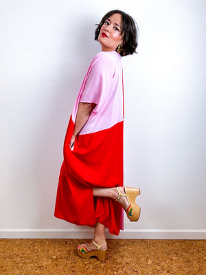 Color Block Midi Caftan Dress Scarlet Pink