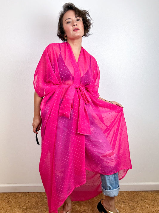 Solid High Low Kimono Fuchsia Swiss Dot Chiffon