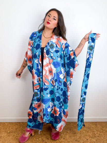 Print High Low Kimono Blue Peach Floral Bubble Crepe