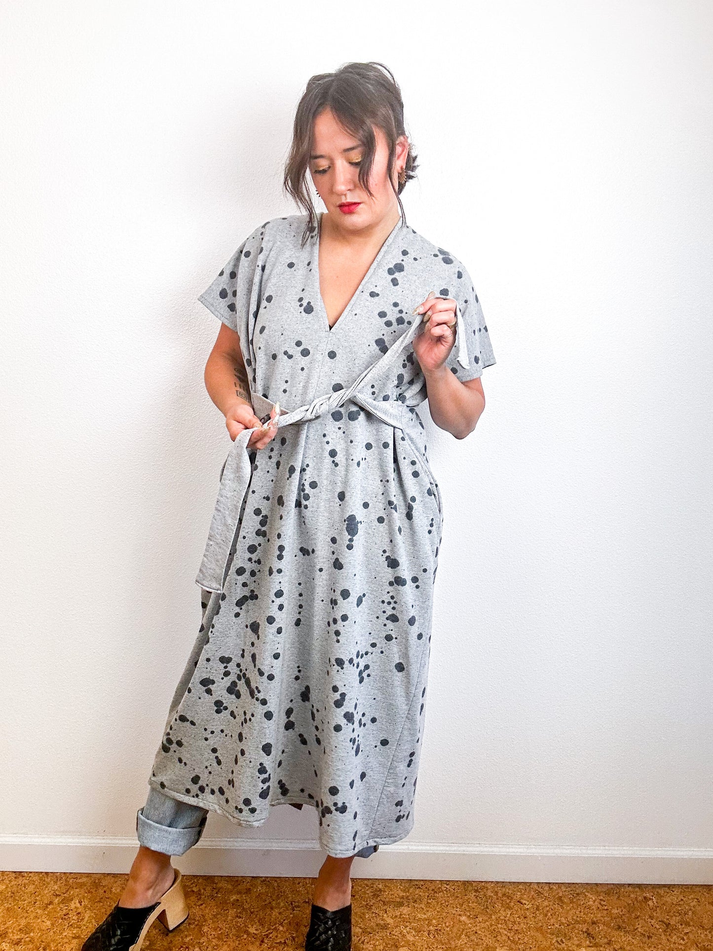 Hand-Dyed Midi Sweatshirt Tie Dress Grey Black Droplets