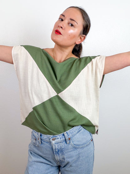 Linen Blend Flip Crop Olive Ivory