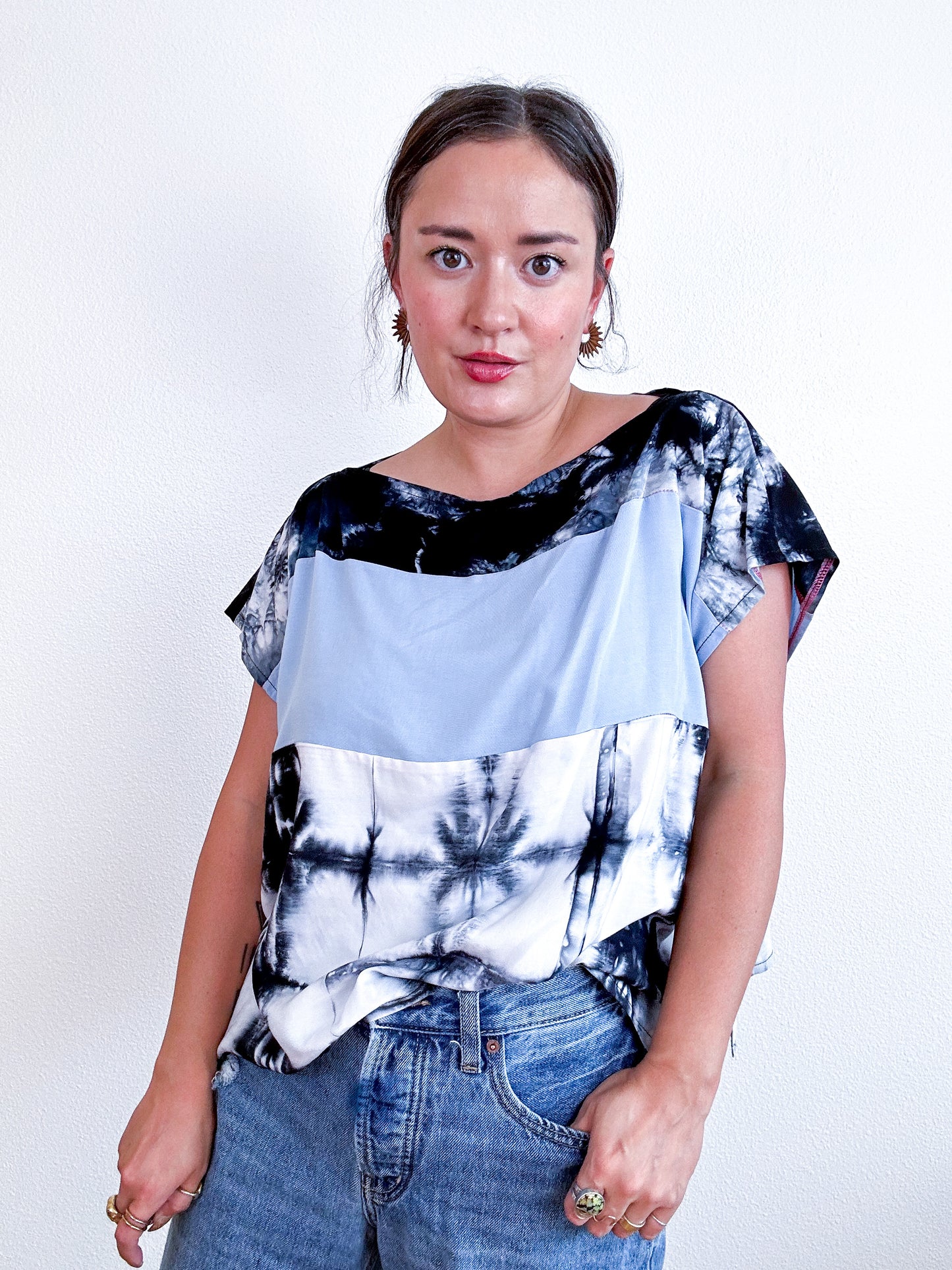 Scrappy Crop Blue Black Shibori Colorblock
