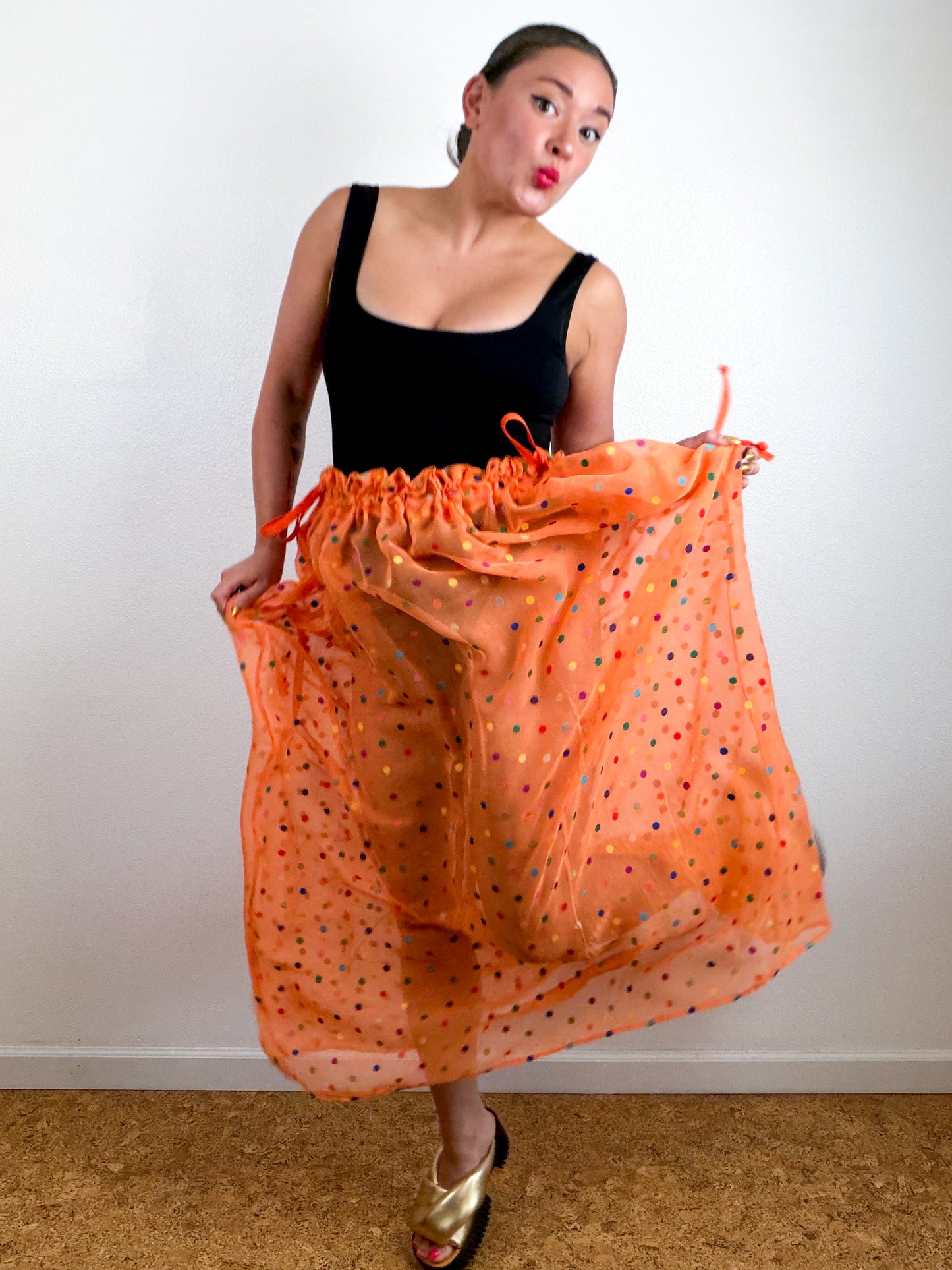 THE SKIRT Orange Rainbow Dots Silk Chiffon