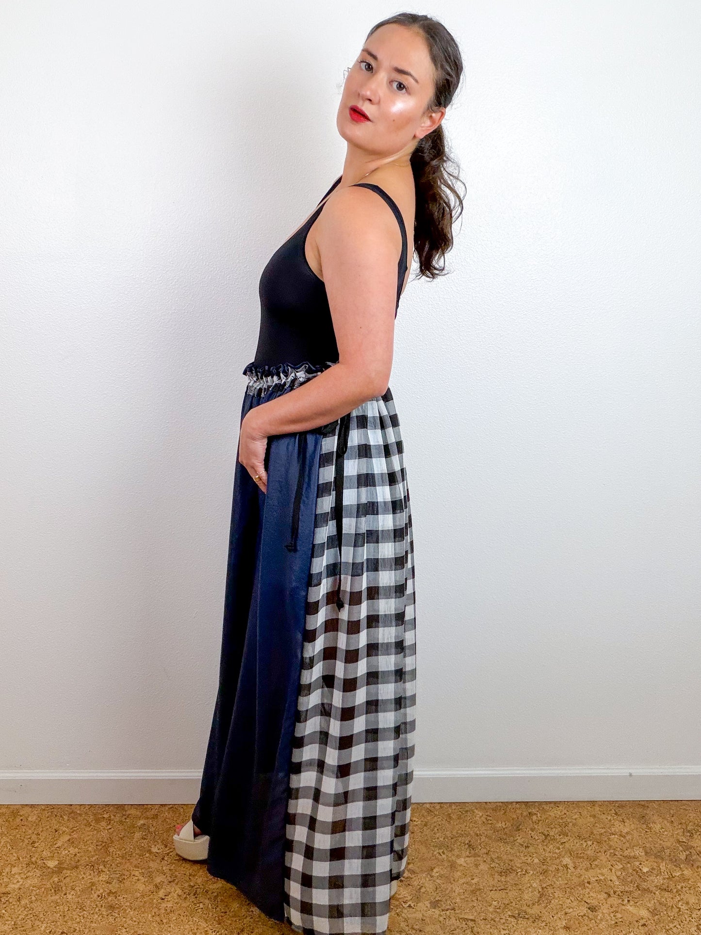 THE SKIRT Black Grey Gingham Metallic Navy Reversible Chiffon