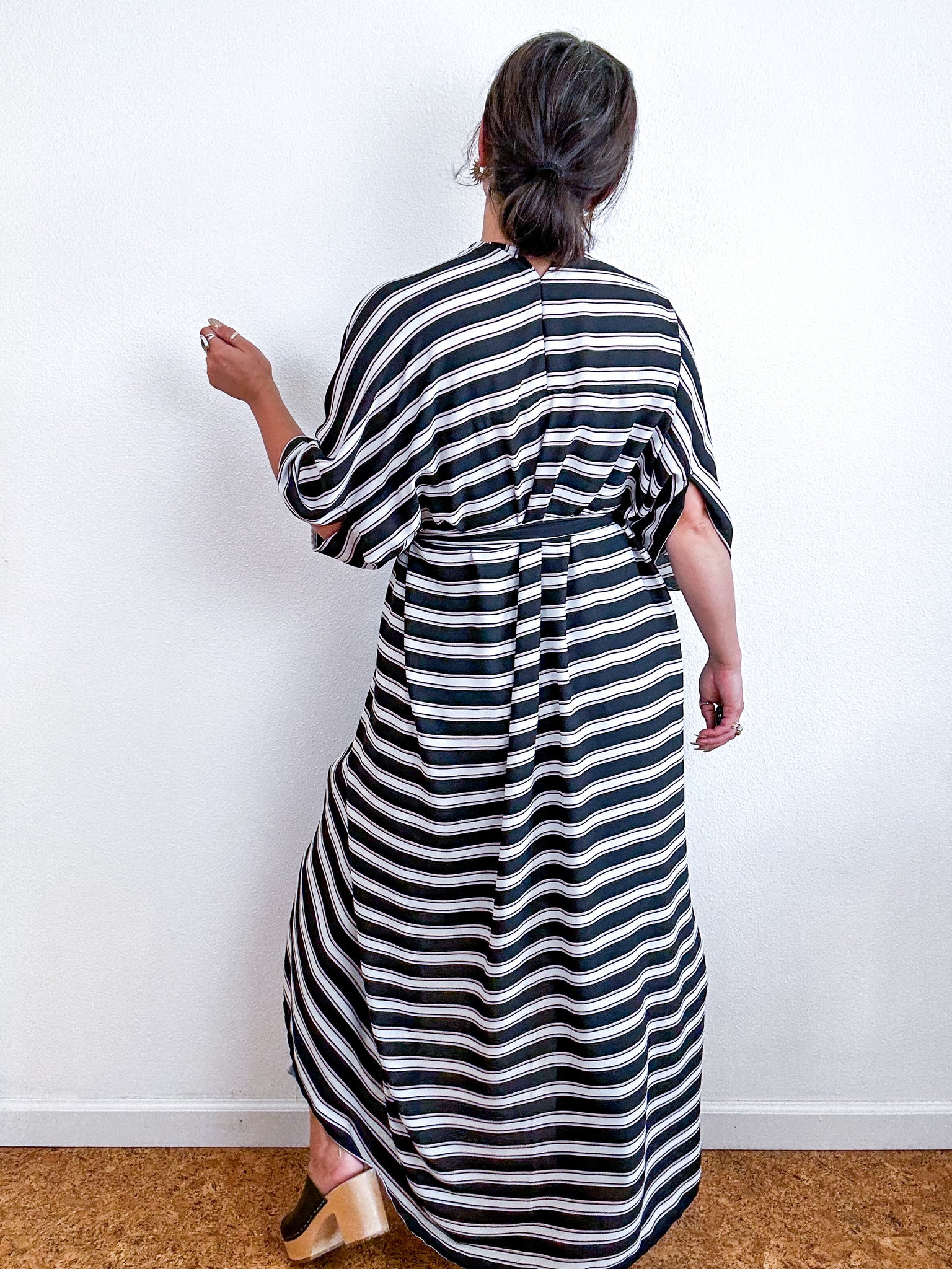 Print High Low Kimono Black White Blush Stripe Georgette