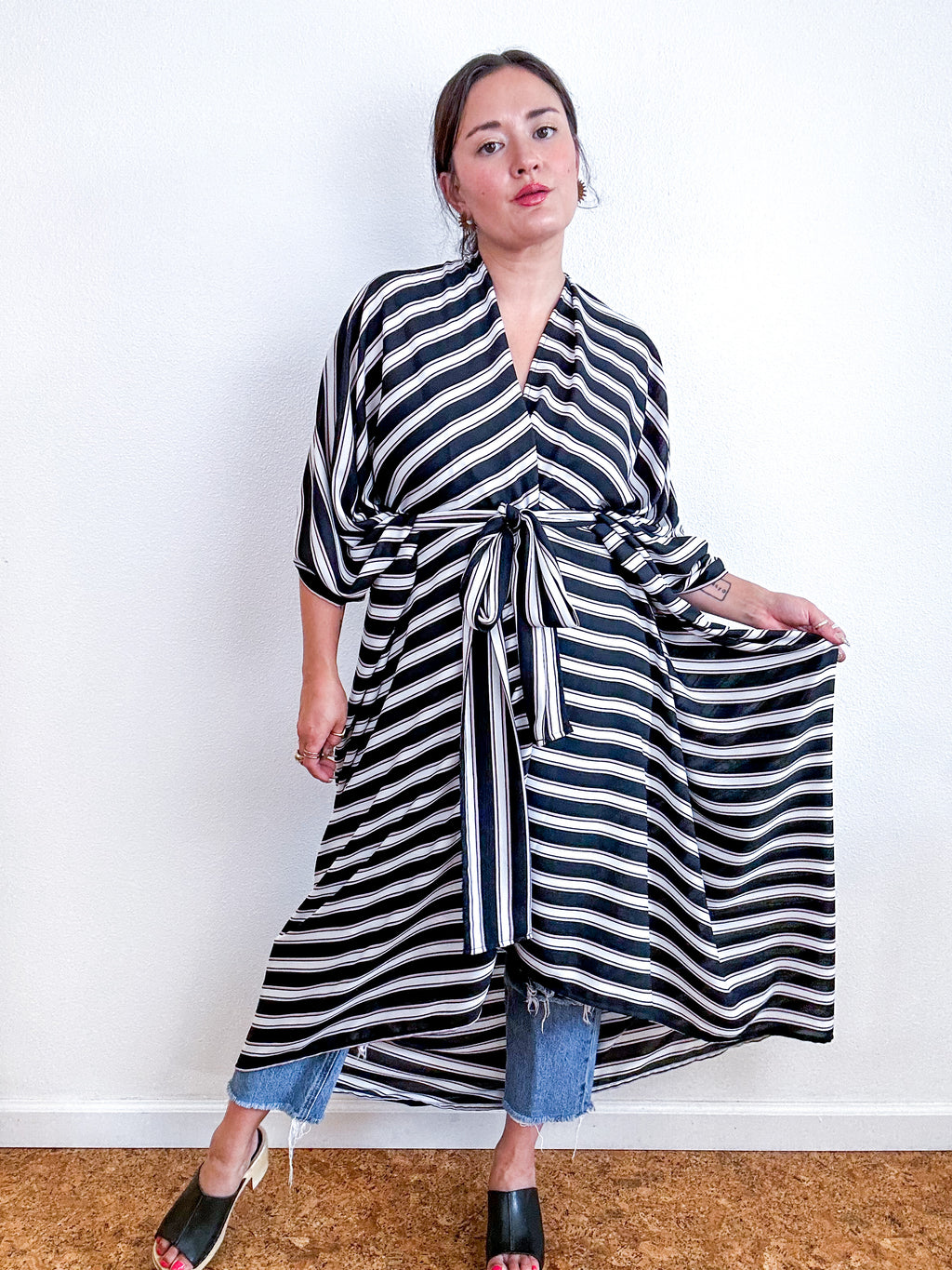 Print High Low Kimono Black White Blush Stripe Georgette