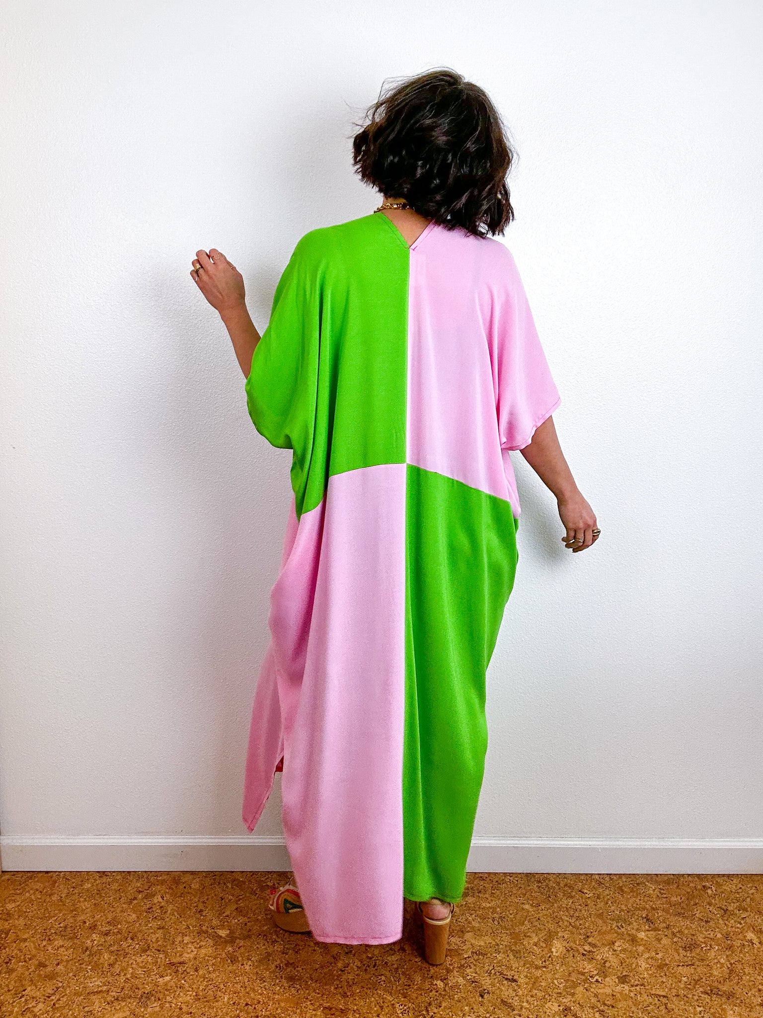 Color Block Midi Caftan Dress Lime Pink
