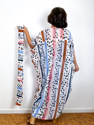 Print High Low Kimono Stripe Dots Chiffon