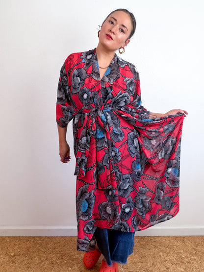 Print High Low Kimono Red Poppy Chiffon
