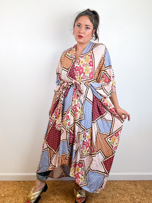 Print High Low Kimono Maroon Patchwork Crinkle Challis