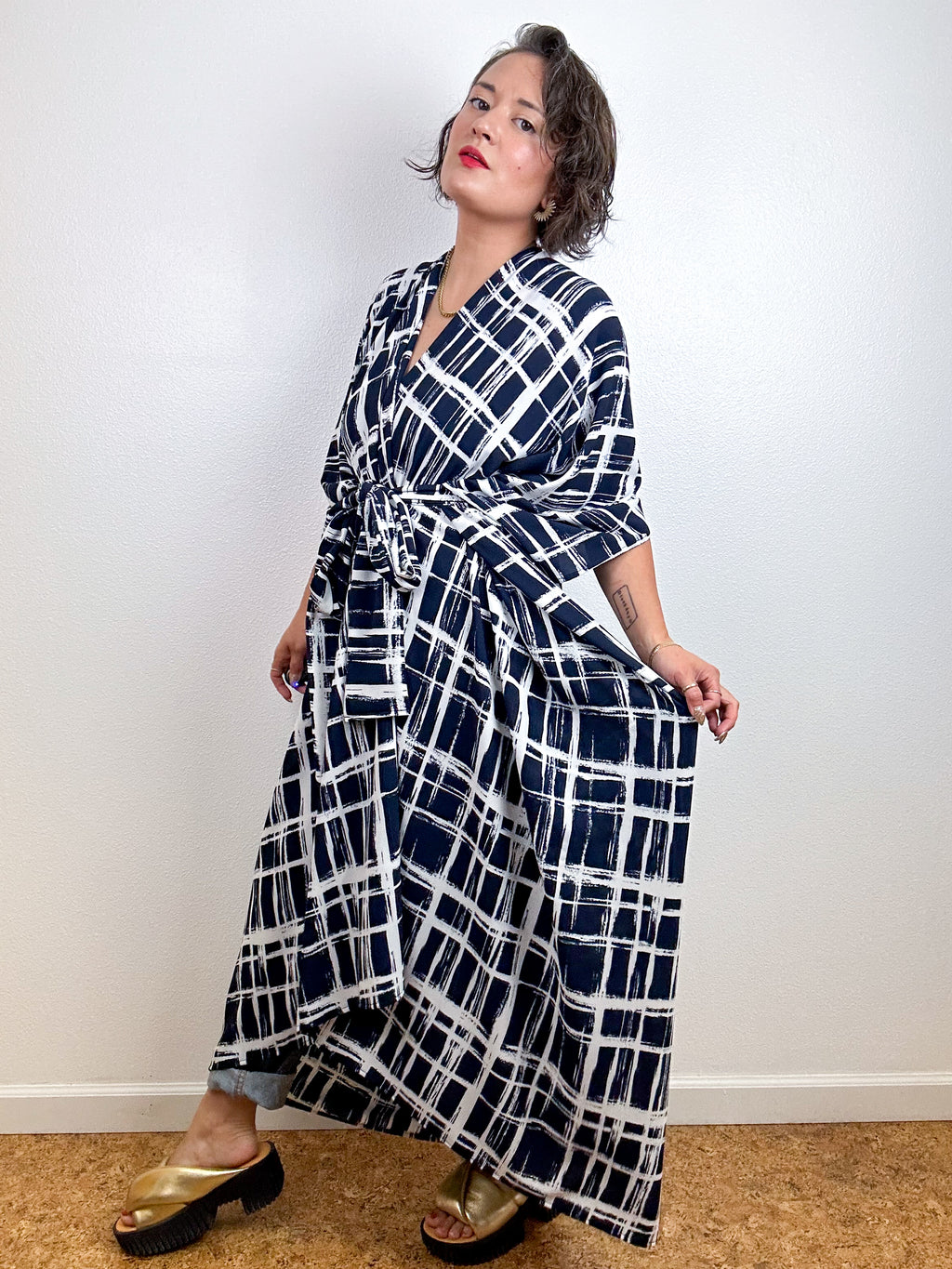 High Low Kimono Navy Grid Bubble Crepe