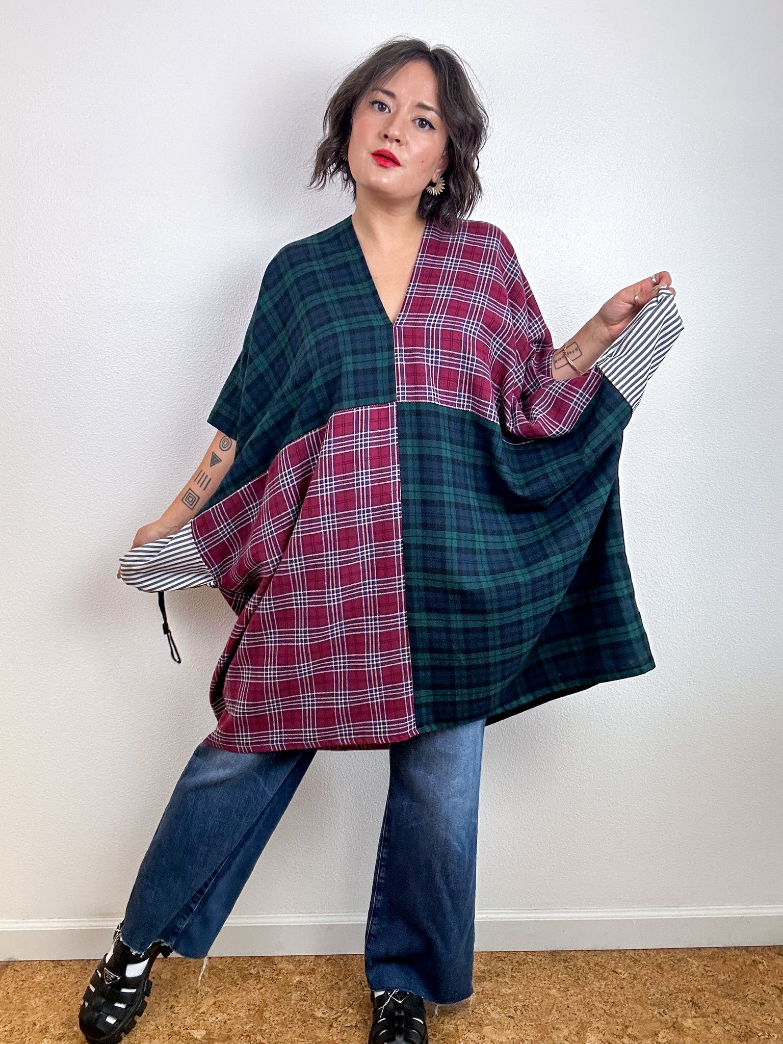 Oversized Patchwork Plaid Smock Dress Forest Maroon