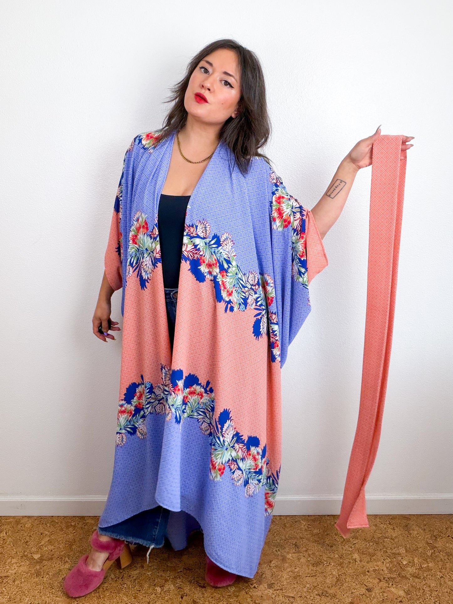 Print High Low Kimono Peach Blue Layered Tropical Bubble Crepe