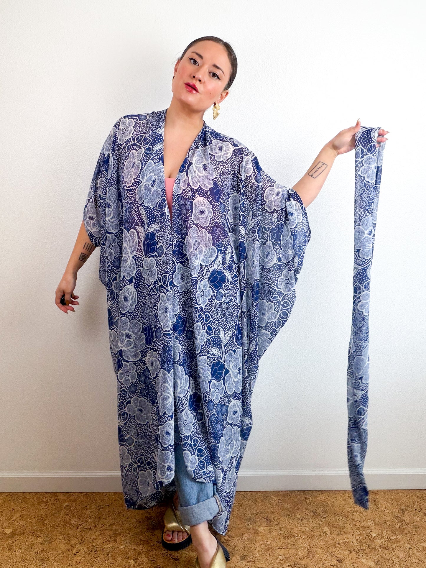 Print High Low Kimono Navy Floral Chiffon