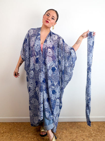 Print High Low Kimono Navy Floral Chiffon