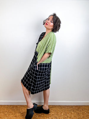 Oversized Windowpane Seersucker Smock Dress Black Sage