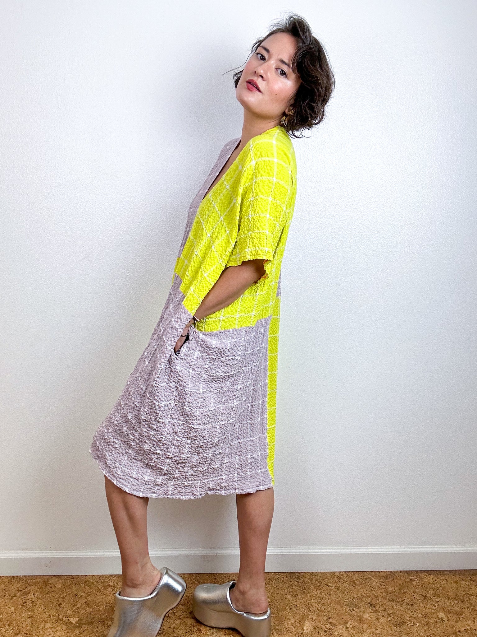 Oversized Windowpane Seersucker Smock Dress Rose Citron