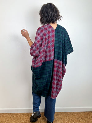 Oversized Patchwork Plaid Smock Dress Forest Maroon