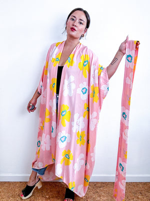 Print High Low Kimono Pink Yellow Flower Challis