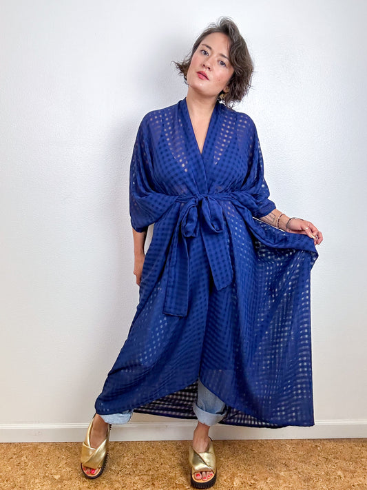 Solid High Low Kimono Navy Blue Gingham Chiffon