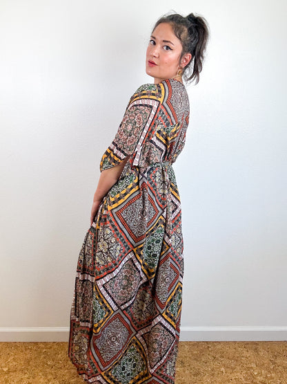 Print High Low Kimono Earthy Patchwork Crinkle Challis