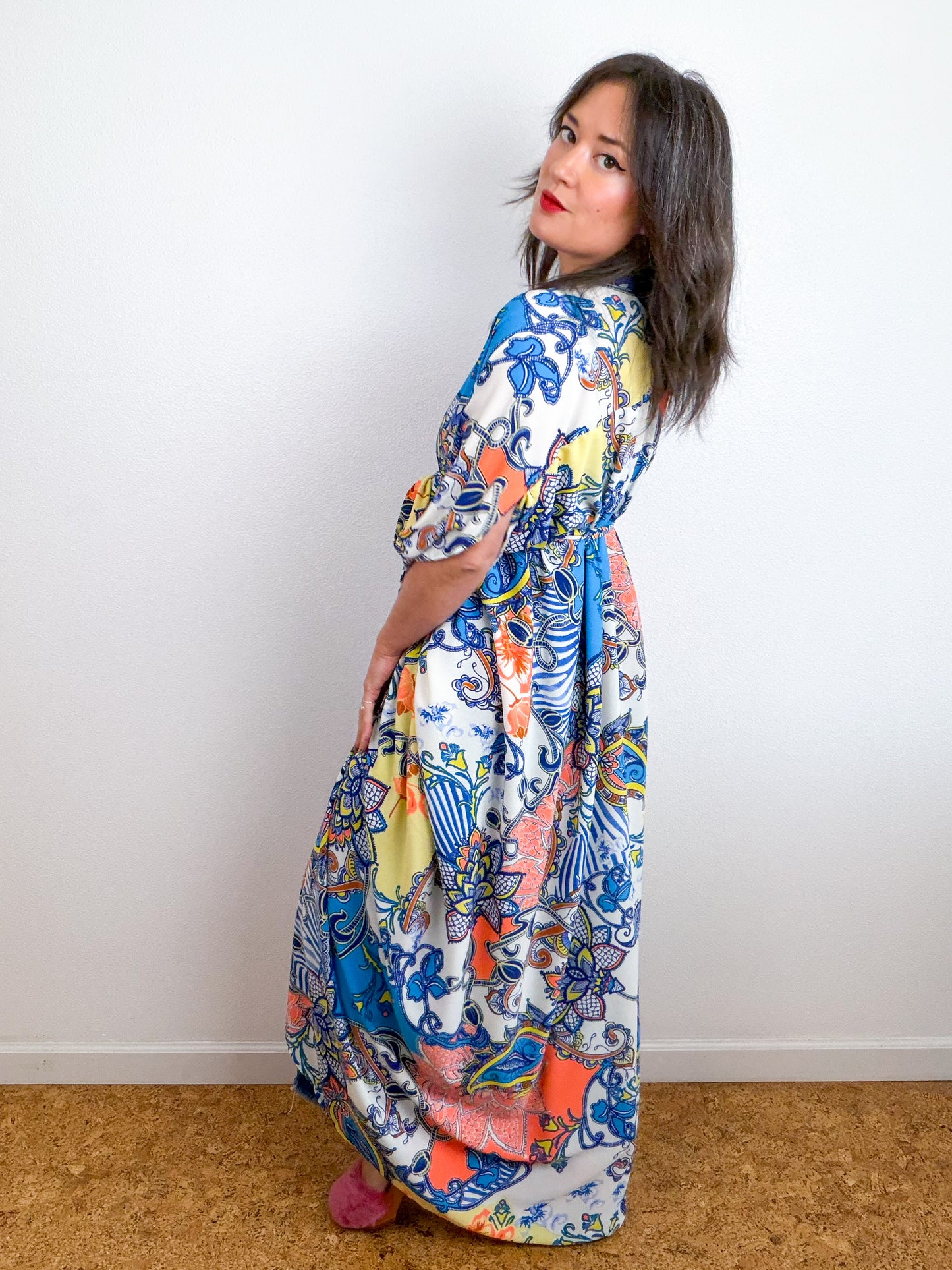 Print High Low Kimono Orange Turquoise Paisley Bubble Crepe