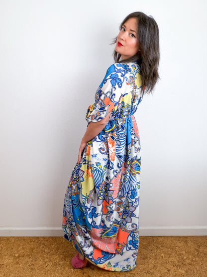 Print High Low Kimono Orange Turquoise Paisley Bubble Crepe