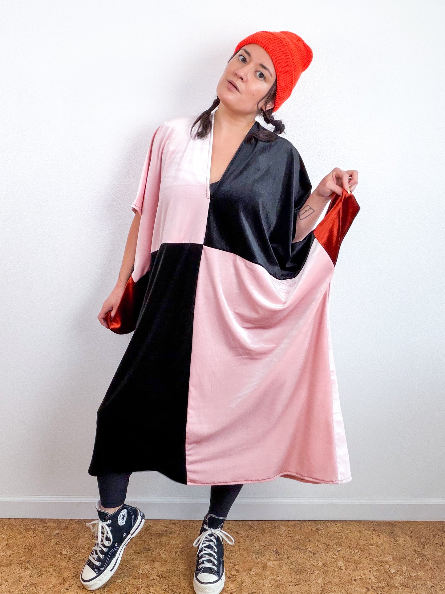 Velvet Caftan Dress Black Baby Pink Color Block