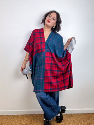 Oversized Patchwork Plaid Smock Dress Teal Red