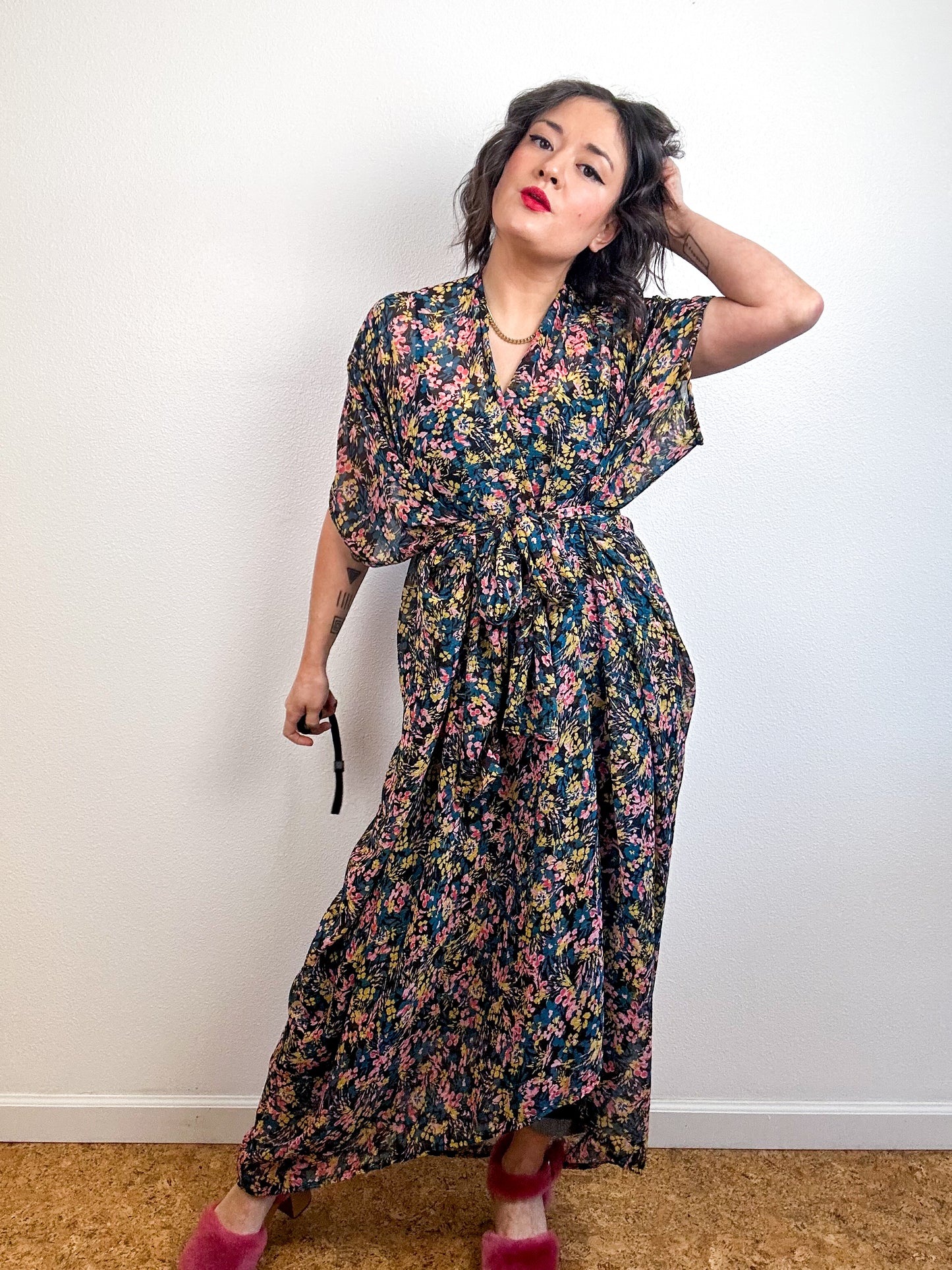 Print High Low Kimono Black Metallic Floral Crinkle Chiffon