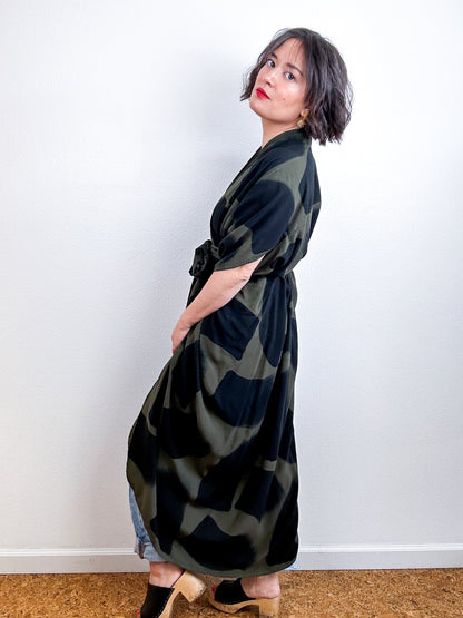 Hand-Dyed High Low Kimono Olive Black Brush