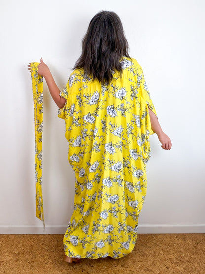 Print High Low Kimono Lemon Yellow Floral Challis