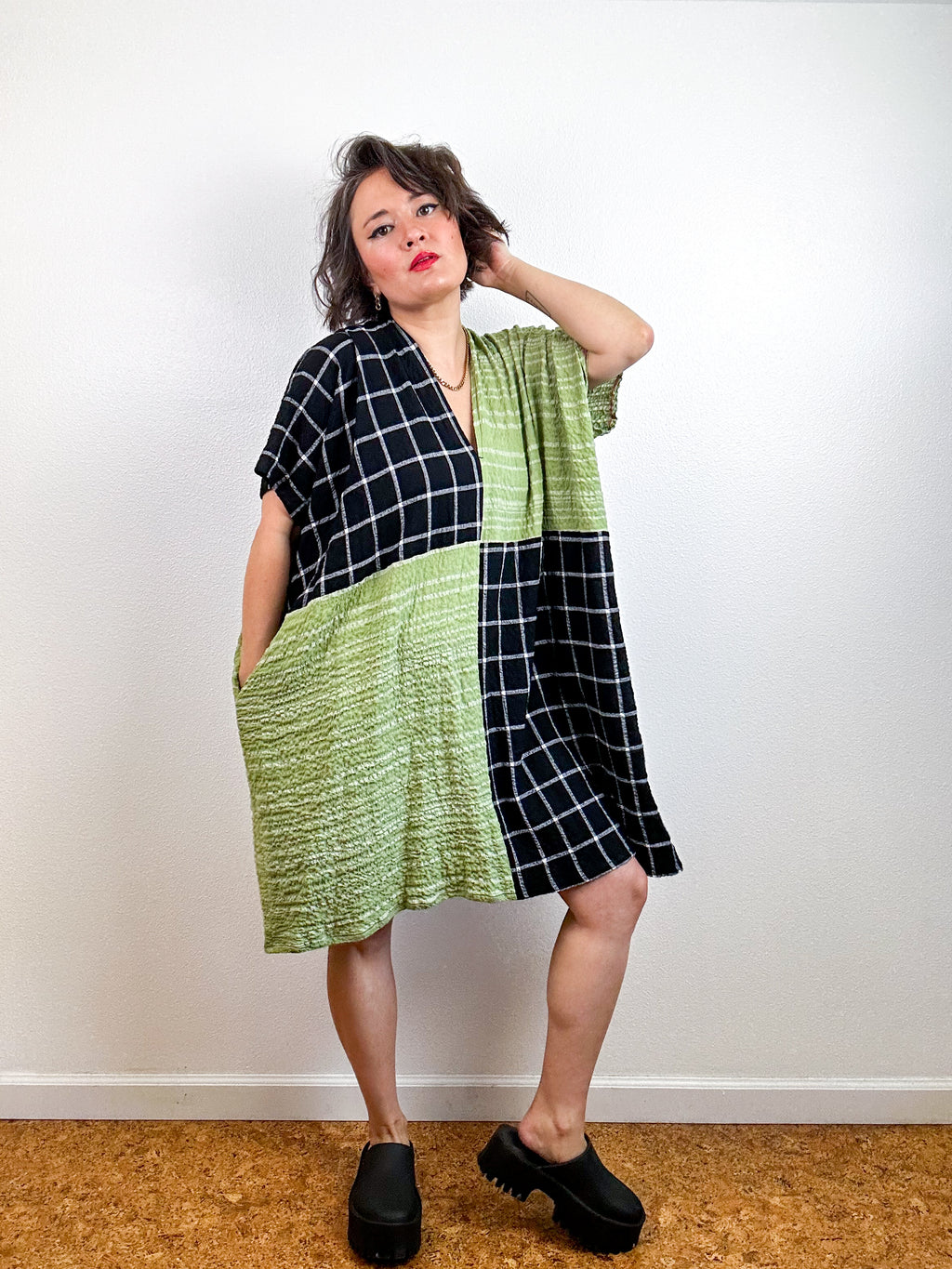 Oversized Windowpane Seersucker Smock Dress Black Sage