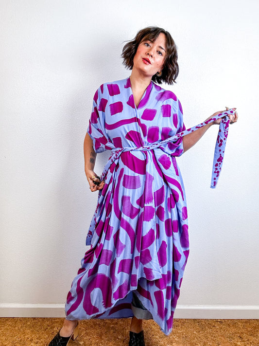 Hand-Dyed High Low Kimono Blue Amethyst Doodle